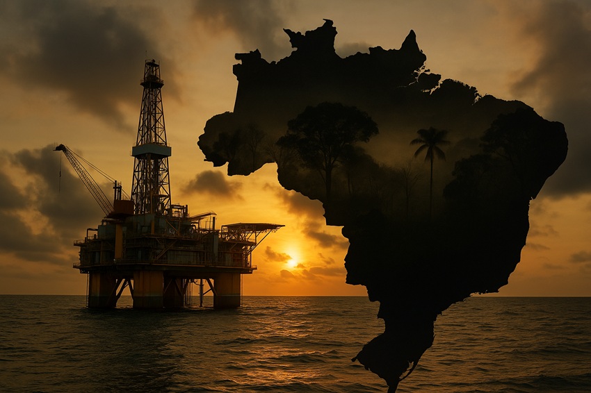 imagem gerada por ia mostra uma plataforma de petróleo e o mapa do Brasil, remete a matéria Conflito no Irã testa a blindagem energética do Brasil