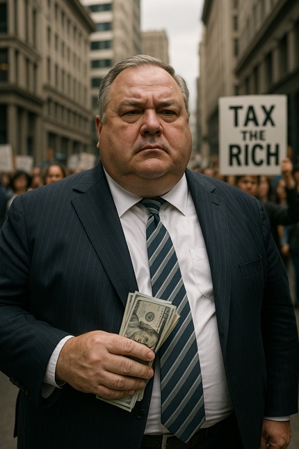 imagem mostra homem milionário e pessoas atrás protestando a favor da taxação de grandes fortunas, remete a matéria Brasil e Espanha lançam ofensiva global por justiça fiscal