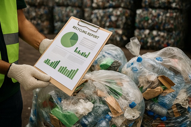 foto mostra homem segurando pranchete em meio a materias reciclados, remete a matéria sobre logística reversa.