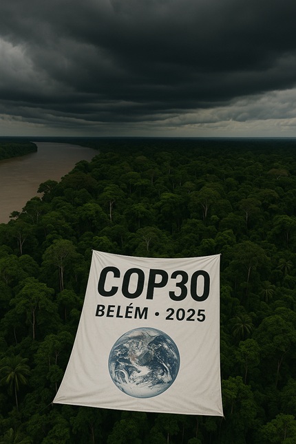 foto mostra a amazônia com o dizer cop30, remete a matéria Um encontro necessário entre jornalismo e ciência climática, movimento b