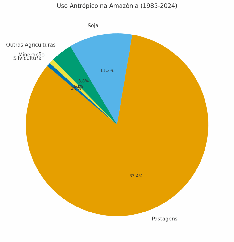 imagem de pizza mostrando a porcentagem de desmatamento de cada atividade, remete a matéria Amazônia perdeu quase 50 milhões de hectares de florestas em 40 anos