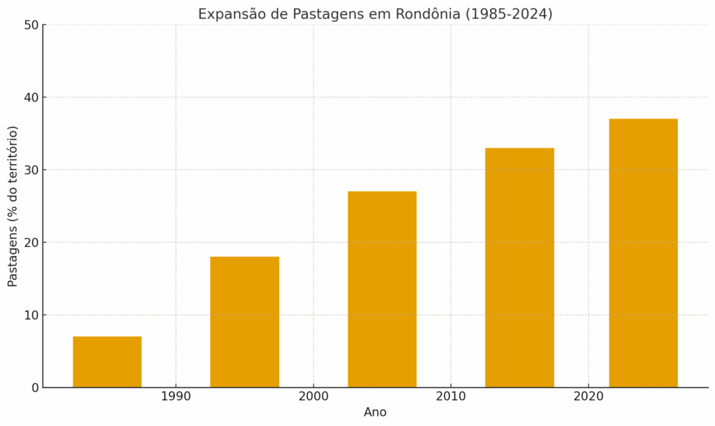 infográfico aponta a impressionante expansão de pastagens em Rondônia nas últimas quatro décadas, remete a matéria Amazônia perdeu quase 50 milhões de hectares de florestas em 40 anos
