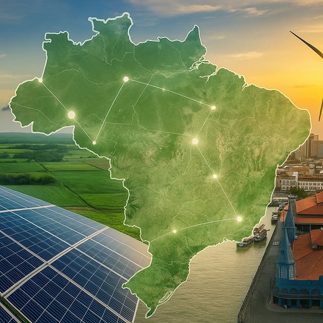 imagem gerada por ia mostra o mapa do brasil acima de painel solar e turbina eólica. remete a matéria Taxonomia sustentável: o “novo alfabeto” da economia verde que o Brasil leva à COP30