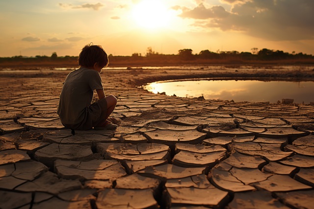 foto de um menino sentado em frente de um lago seco e mostrando a secura da terra, remete a matéria Agência de Fomento do Amazonas (AFEAM) conquista primeiro lugar no ranking da atuação socioambiental das instituições financeiras de desenvolvimento