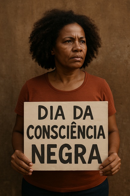 foto de uma mulher negra de meia idade segurando um cartaz escrito "Dia da Consciência negra"