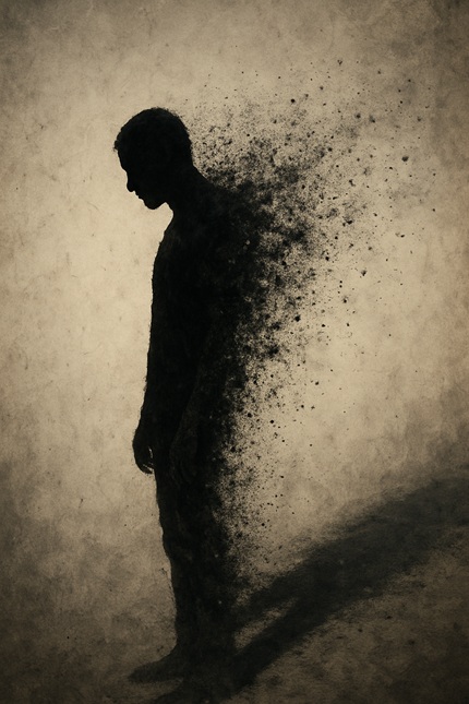 imagem de uma silhueta humana se desfazendo, remete ao artigo QUANDO A LINGUAGEM OCULTA A NEGAÇÃO DO HUMANO