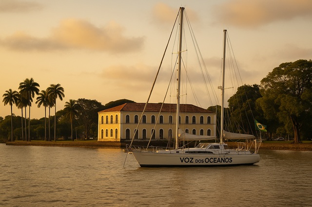 imagem gerada por ia mostra o veleiro kat ancorado em belém, remete a matéria Voz dos Oceanos chega a Belém e faz história
