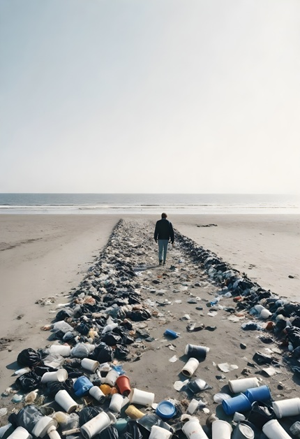 foto de homem caminhando sobre um caminho de lixo na praia