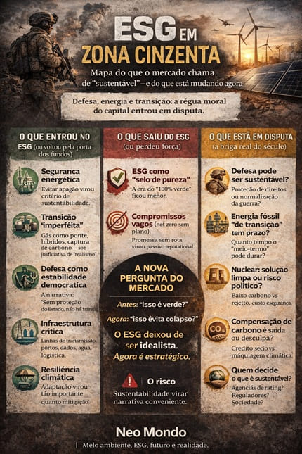 imagem gerada por ia mostra o infográfico com os dados da matéria “ESG em zona cinzenta”: quando o “sustentável” vira um campo de batalha