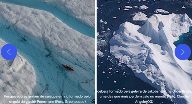 foto mostra o antes e depois de local na groenlândia