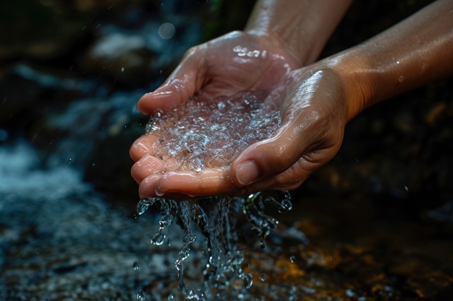 foto mostra mãos espalmadas segurando água, remete a matéria Desmatamento na Amazônia eleva em 3 °C a temperatura da superfície durante a estação seca