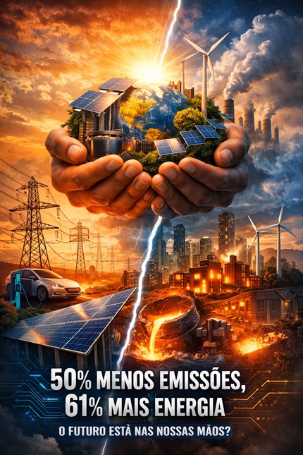 imagem gerada por ia mostra mãos espalmadas segurando o planeta terra, remete a matéria Energia sob Pressão: o paradoxo de cortar 50% das emissões enquanto o mundo consome 61% mais eletricidade