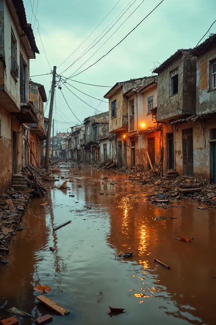 foto de rua alagada com água entrando nas casas