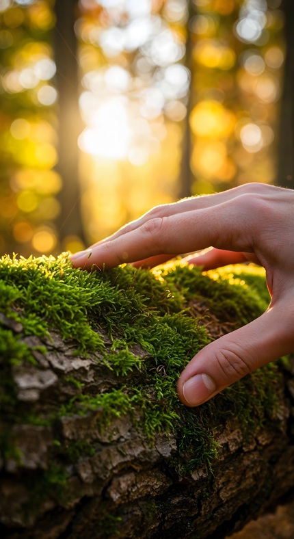 foto de uma mão sobre um tronco caido na floresta, remete a matéria Instituto Nova Era e Petrobras lançam projeto de agrofloresta para regenerar a Bacia do Tamanduateí