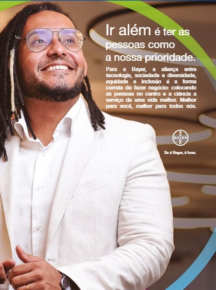 Imagem mostra homem negro em propaganda da Bayer exaltando a diversidade e inclusão, valorizando todos os seus profissionais 