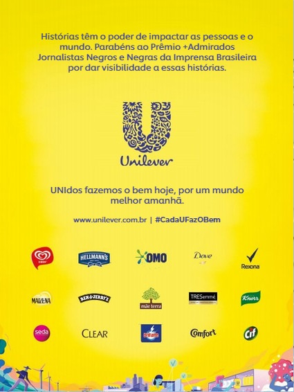 Imagem mostra anúncio da Unilever e todas as suas marcas parabenizando a iniciativa do prêmio mais admirados jornalistas negros e negras da imprensa brasileira