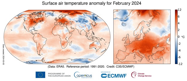 imagem mostra Anomalia da temperatura do ar em fevereiro de 2024 (Serviço de Mudanças Climáticas Copernicus/ECMWF)