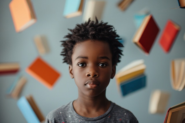 foto de menino negro com vários livros caindo atrás dele, remete a matéria Revelando os Bastidores da Educação Brasileira
