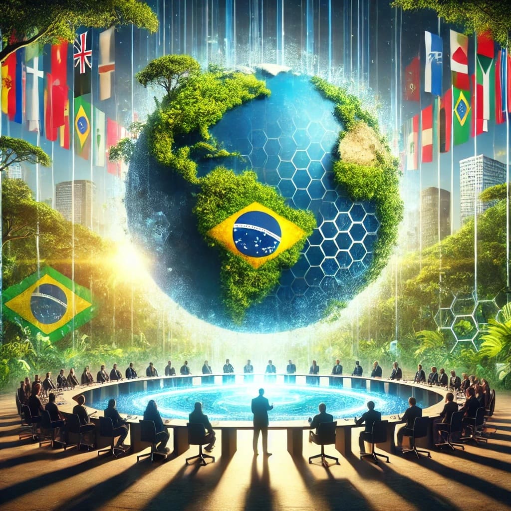 imagem de IA mostra planeta terra com a bandeira do Brasil no centro, remete a liderança ambiental do Brasil frente a outros pa[ises com a sanção da Lei nº 15.042 