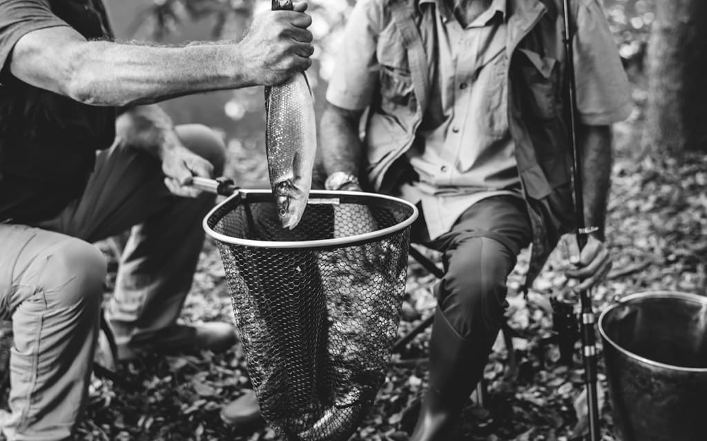 foto de dois homens pescando e um deles segurando um peixe na mão e colocando numa rede. Remete a matéria Projeto Arranque: Iniciativa do Instituto Redemar Brasil visa revitalizar pesca artesanal em Maricá